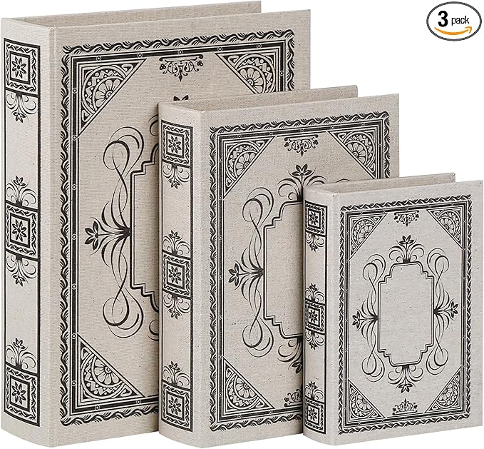 Decorative Wooden Book Box Set of 3 - Vintage Faux Book Boxes for Home Decor, Secret Storage with Magnetic Closure, Antique Style, Linen Cover Design, Perfect for Home Office Bookshelf