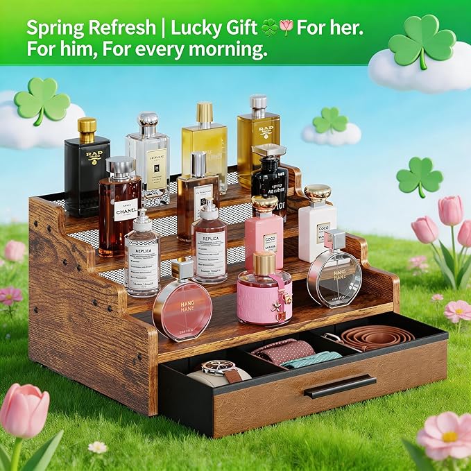 4 Tier Cologne Organizer for Men, Wooden Perfume Organizer with Drawer Storage, Perfume Display Shelf for Cologne, Watch, Grooming and Figures, Perfect Birthday/Easter Gift for Lovers & Fathers