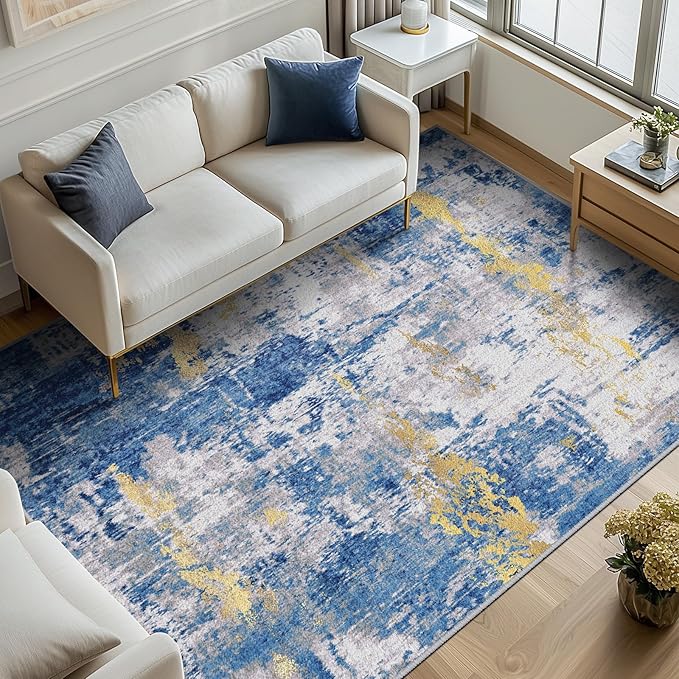RELEANY Washable Area Rugs 8'x10' Non-Slip Modern Abstract Soft for Living Room Entryway Bedroom Nursery, Print Pattern, Grey Blue Gold/Golden