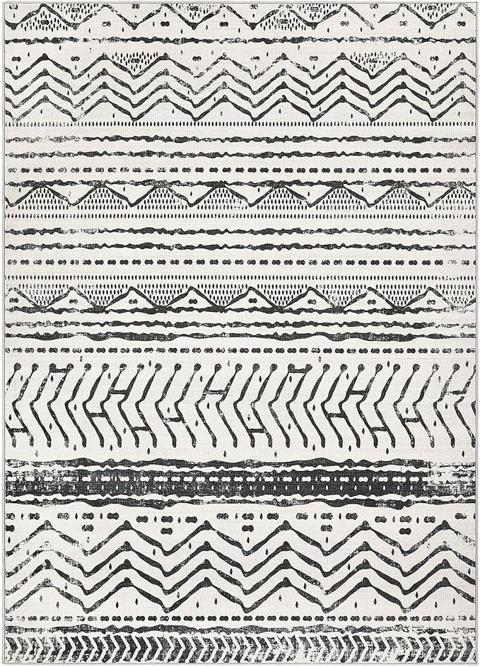 Nakagishi Black Rug for Living Room: 7x9 Washable Boho Large Neutral Soft Farmhouse Area Rugs Stain Resistant Modern Geometric Non-Slip Indoor Floor Carpet for Bedroom Playroom Office Dining Room