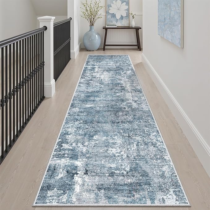 Soalmost Runner Rug 2x8 Washable Non-Slip Hallway Runner Rugs for Kitchen Bathroom Laundry Room Blue/Grey Vintage Floor Carpet Runners for Hallways Entryway