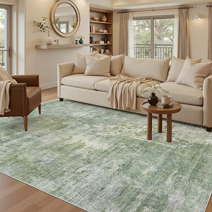 Soalmost Abstract Rug 5x7 Machine Washable Area Indoor Green Low Pile Non-Slip Foldable Thin Accent Rugs for Bedroom Living Room Dining Room