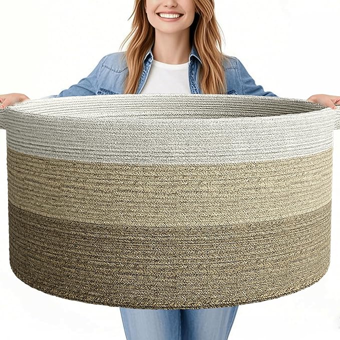 125L Extra Large Blanket Basket, 25" x 16", Jumbo Laundry Woven Cotton Rope Basket with Handles, Baby Toy Storage, Gradual Brown