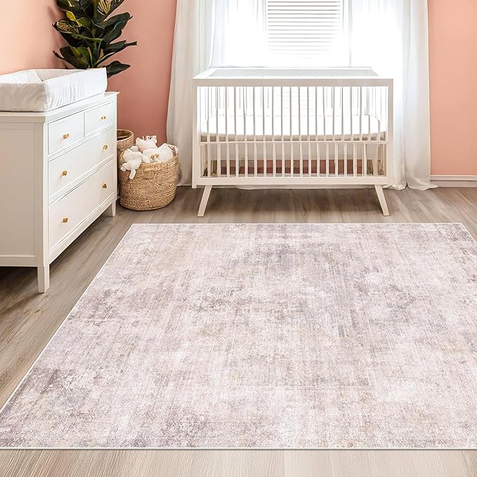 Hazo Haus Washale Modern Bedroom 4x6 Area Rugs - Pink and Grey Rug for Living Room, Kitchen, Non Slip & Soft, Medallion Distressed Print Pattern