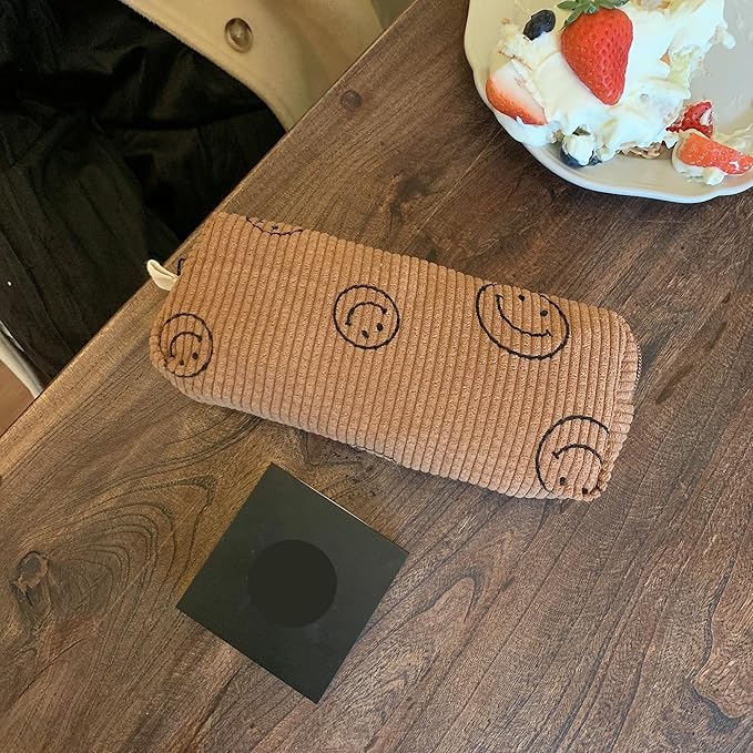 Pencil Case Lightweight Aesthetic Pen Case Office College School Storage Bag Pouch Holder Box Organizer Makeup Pouch Cosmetic Bag for Girls Boys Kids (Smile-Brown)
