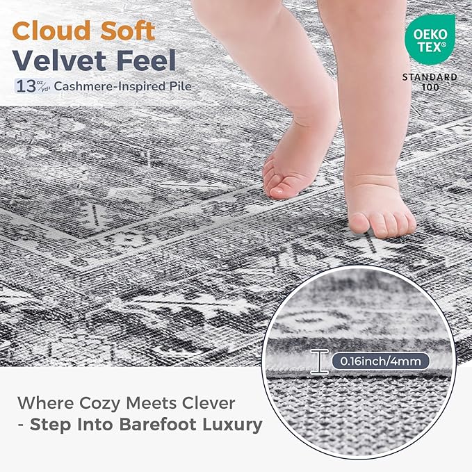 OPPODREAM Vintage Grey 3x10 Runner Rug, 3 x 10 Retro Washable Rug Non Slip, Low-Pile Faux Wool Carpet, Distressed Gray Floor Mat for Kitchen, Hallway, Entry-Way, Entrance, Indoor Back Door