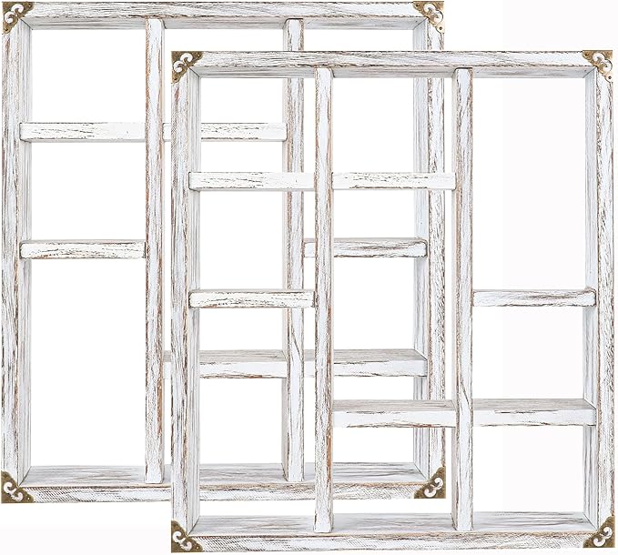 17.7x15.7-Inch Shadow Box Shelf 9-Slot Rustic Wood Floating Shelves Larger Shelf Lightweight Solid Wood Display(Set of 2,9C-Rustic White)