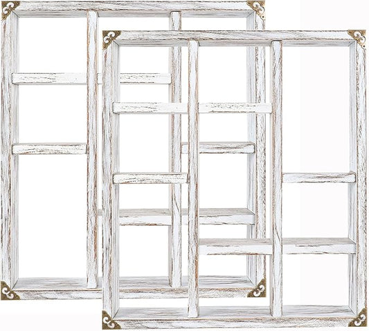 17.7x15.7-Inch Shadow Box Shelf 9-Slot Rustic Wood Floating Shelves Larger Shelf Lightweight Solid Wood Display(Set of 2,9C-Rustic White)