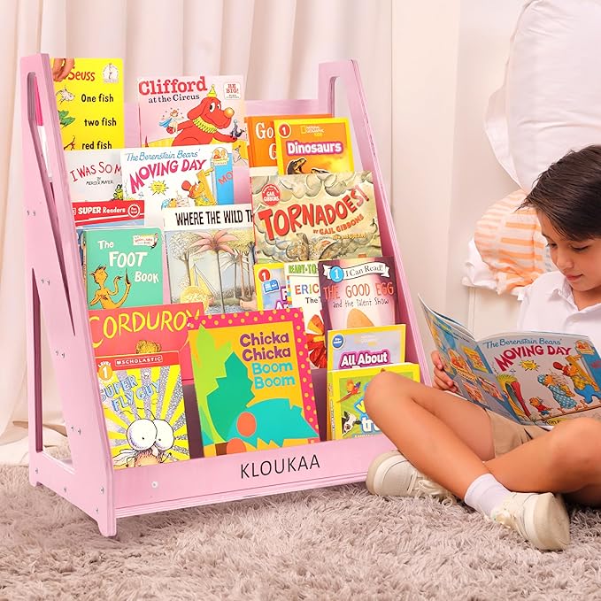 Kids Book Shelf Organizer, Wooden Children’s Bookcase with Front-Facing Storage for Toddlers & Kids (Pink)