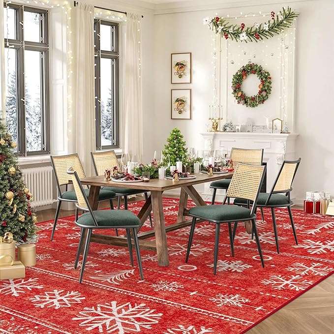 XLUEZ Christmas Area Rug 8x10 Living Room Rugs, Machine Washable Boho Christmas Tree Snowflake Rug Non-Slip Soft Low Pile Holiday Indoor Rugs for Bedroom Kitchen Dining Room Office(Xmas Red, 8'x10')