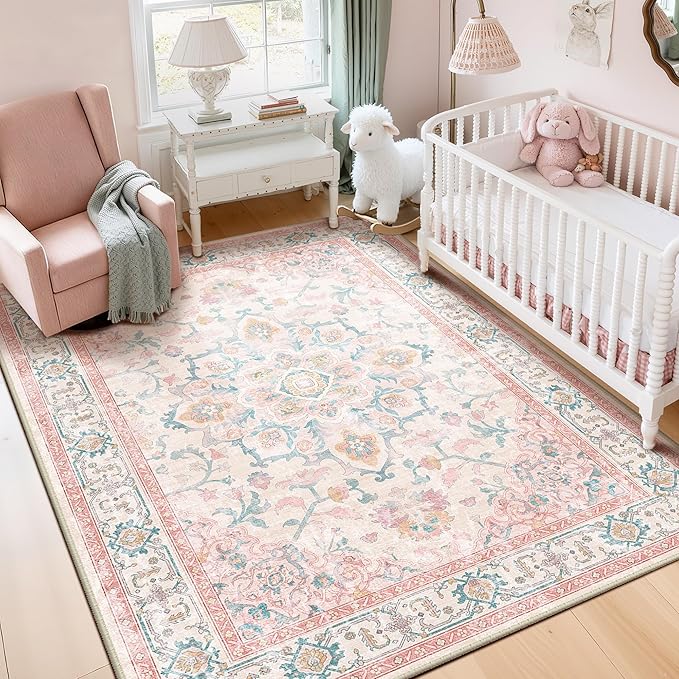 CAPALOCA Machine Washable Rugs Nursery Rug 6x9 Cute Girl Non Slip Low Pile Water Repellent Soft Print Pattern for Bedroom Indoor Decor Kids Playroom Pink Teal