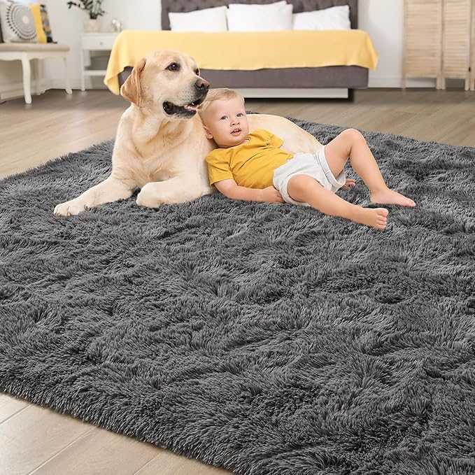 Tepook Fluffy Large Rugs for Living Room, 8x10 Area Rugs for Bedroom, Modern Shag Fuzzy Carpets for Kids Boys Girls, Plush Indoor Nursery Home Decor Rug with Non-Slip Bottom, Dark Grey