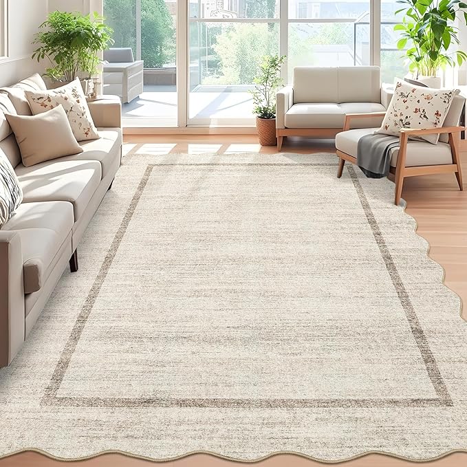 GarveeHome Scalloped Washable Rugs 5x7 Rug for Living Room Modern Non Slip Large Area Rug for Bedroom Decor Farmhouse Low Pile Stain Resistant Carpet for Office Dining Room Classroom 5 ft x7 ft Beige