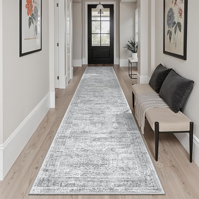 Soalmost Runner Rug 2x10 Washable Non-Slip Hallway Runner Rugs for Kitchen Bathroom Laundry Room Grey Vintage Floor Carpet Runners for Hallways Entryway