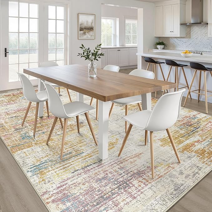 5x7 Area Rugs Living Room: Washable Large Neutral Rug Abstract Soft Modern Stain Resistant Indoor Floor Non-Slip Carpet for Bedroom Nursery Kids Classroom Playroom Dining Room Office- Gold Colorful
