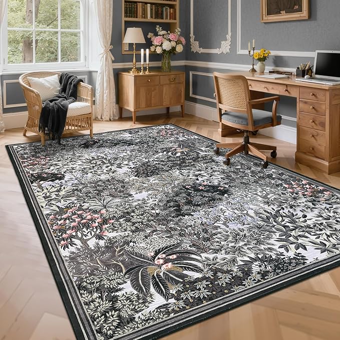 GarveeHome Forest Rugs 8x10, Blue Grey Washable Area Rugs for Living Room 8x10, Botanical Low Pile Non Slip Stain Resistance Woodland Rug for Farmhouse Bedroom Dining Room