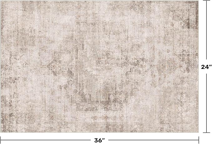 Beige Brown 2x3 Washable Non Slip Bathroom Rug for Entryway Indoor, Low Pile Small Rug for Powder Room & Kitchen Floor, Waterproof Stain & Fade Resistant Modern Abstract Decor