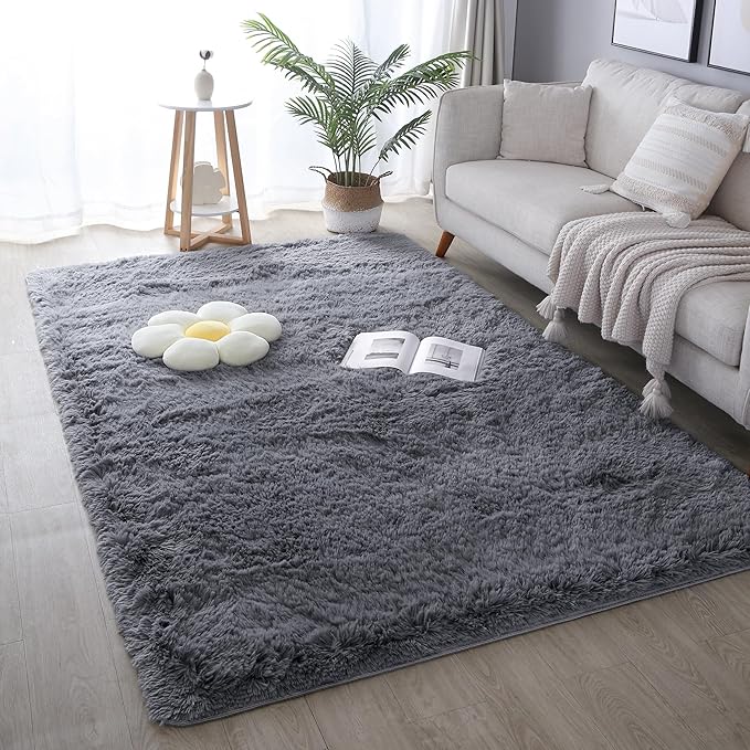 KICHOWUA 6x9 Grey Fluffy Shag Rug for Bedroom Soft Plush Fuzzy Washable Carpet for Living Room, Modern Comfy Shaggy Non Slip Floor Large Area Rugs for Kids Baby Nursery College Dorm Room, Gray