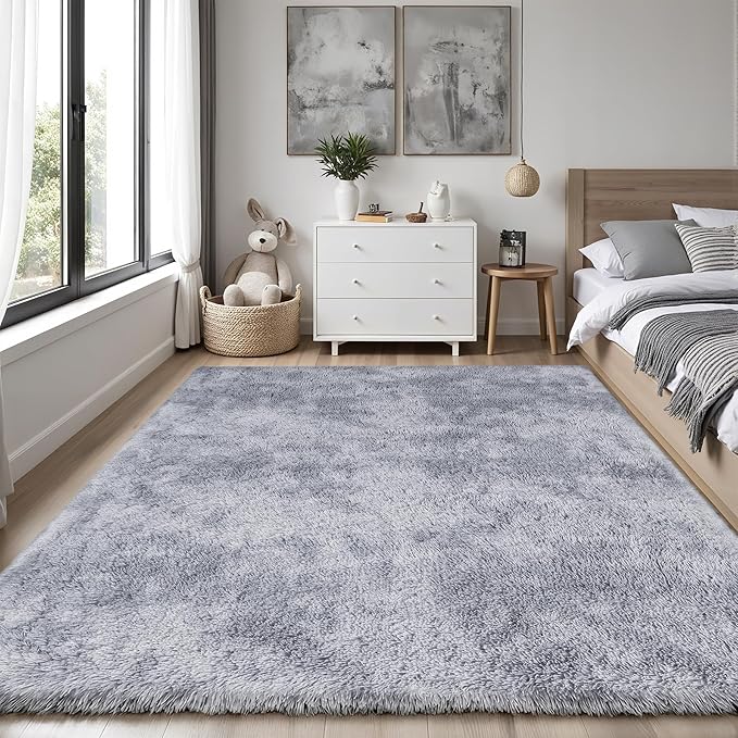 Area Rug for Living Room Bedroom: 4x6 Light Grey Soft Fluffy Shag Upgrade Non-Slip High Pile Carpet Large Fuzzy Plush Indoor Floor Decor Shaggy Rug for Kid Boys Girls Playroom Nursery Modern Home