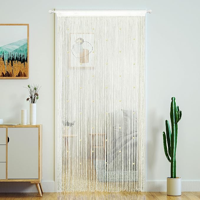 YaoYue Beaded Curtain Door String Curtains for Doorway Tassels Beads Hanging Fringe Hippie Room Divider Window Hallway Entrance Wall Closet Bedroom Privacy Decor (39×110in/100×280cm,Beige)