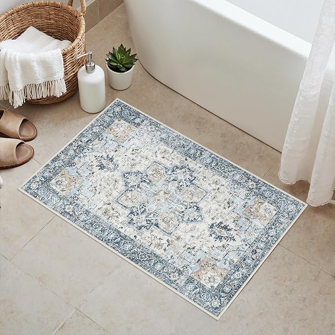 GENIMO 2x4 Runner Rugs for Hallway, Machine Washable Non Slip Vintage Rugs, Low Pile Lightweight Soft Print Rug for enrtyway, Corridor, Home, Office, Kitchen, Blue