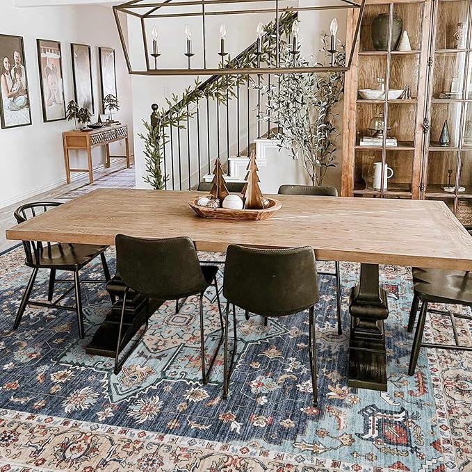 Washable Oriental Area Rug - 8x10 Rugs for Living Room Soft Carpet for Bedroom Waterproof Floral Distressed Indoor Stain Resistant Non-Shedding Floor Carpets (Blue/Teal/Orange, 8x10)