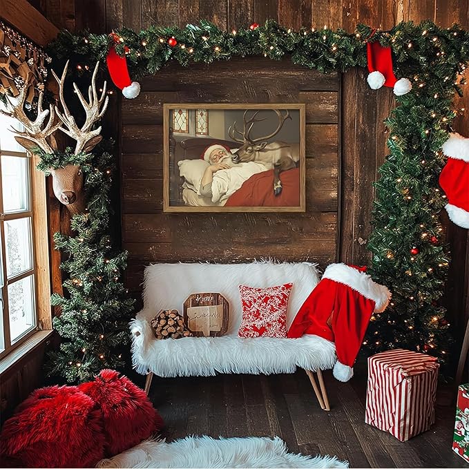 Framed Santa Christmas Wall Decor, Vintage Santa Reindeer Wall Art, Rustic Christmas Pictures Decor, Winter Holiday Paintings Artwork, Christmas Canvas Print for Home Decorations – 12x16in