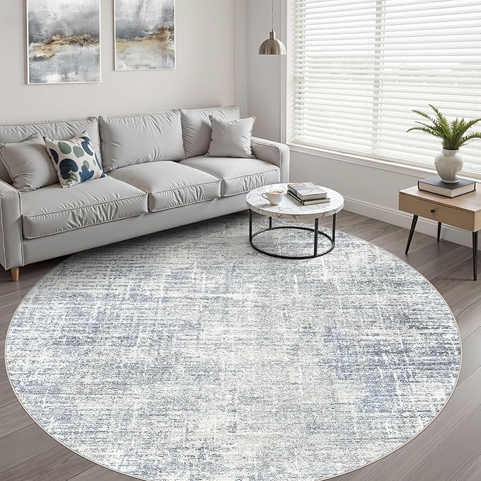 5ft Round Rug Living Room: 5x5 Washable Large Neutral Blue Circle Area Rug Abstract Soft Modern Stain Resistant Indoor Floor Non-Slip Carpet for Bedroom Nursery Kids Office Playroom Dining Room