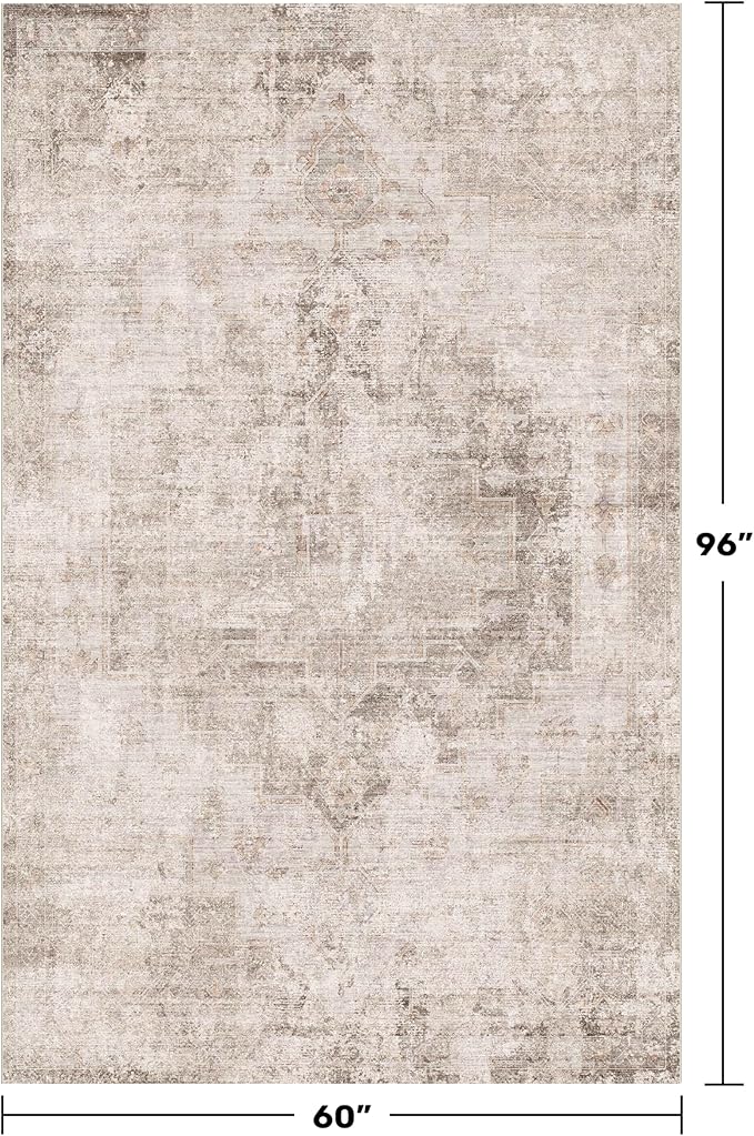 Hazo Haus Beige & Brown 5x8 Area Rugs for Bedroom - Abstract Distressed Farmhouse Rug for Living Room, Home Office, Foyer, Kitchen Table, Foldable Soft Washable Low Pile Non Slip Stain Resistant