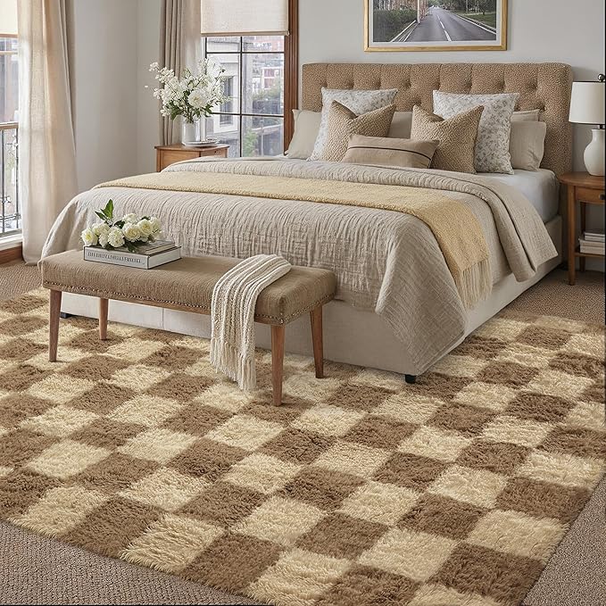 PureCozy Checkered Rug 8x10 for Living Room, Brown Modern Shag Rug Washable Non-Slip Large Area Rug Super Soft Indoor Fuzzy Carpet Fluffy Rugs for Bedroom Home Aesthetic Decor