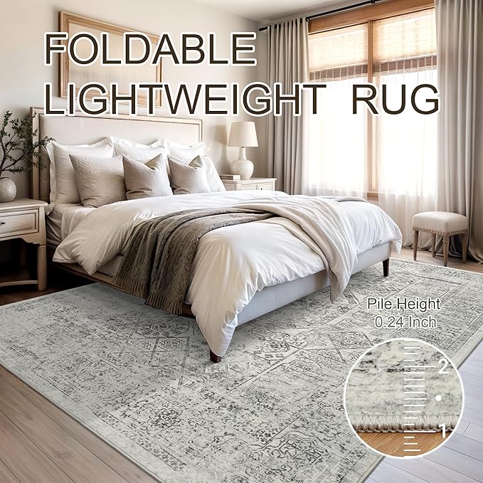 Soalmost 5x7 Area Rugs Grey Low Pile Indoor Washable Trendy Faded Style Floral Rugs for Bedroom Living Room Dining Room Foldable Non-Slip Thin Print Mat
