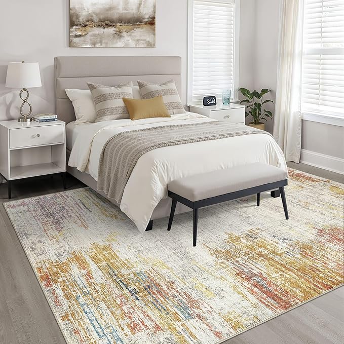9x12 Area Rugs Living Room: Washable Large Neutral Rug Abstract Soft Modern Stain Resistant Indoor Floor Non-Slip Carpet for Bedroom Nursery Kids Classroom Playroom Dining Room Office- Gold Colorful