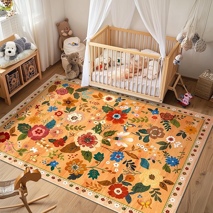 RELEANY Floral Nursery 8x10 Area Rugs Washable Print Boho Cute Carpet Non Slip Flower Low Pile for Living Room Kids Girls Playroom Bedroom Kitchen Office Farmhouse-Yellow/Orange