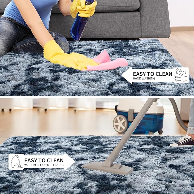 Tepook Fluffy Large Rugs for Living Room, 8x10 Area Rugs for Bedroom, Modern Shag Rug Fuzzy Carpets for Kids Boys Girls, Plush Indoor Nursery Home Decor Rug with Non-Slip Bottom, Tie-dye Dark Blue