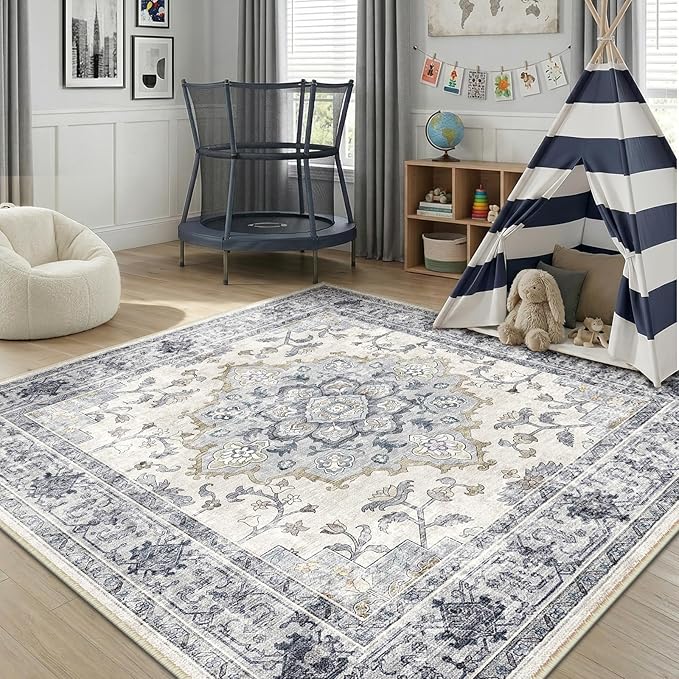 CAPALOCA Machine Washable Rugs Nursery Rug Sq8ft Cute Girl Non Slip Low Pile Water Repellent Soft Print Pattern for Bedroom Indoor Decor Kids Playroom Blue White