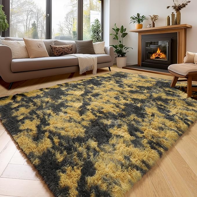 Amdrebio Black Gold Yellow Grey Rugs for Living Room Bedroom Decor, 8x10 Large Fluffy Furry Fuzzy Area Rug for Kids Room Dorm Home Office, Modern Cool Leopard Cheetah Big Carpet for Teen Boys Men