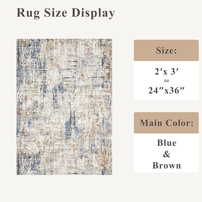 2x3 Washable Non-Slip Area Rug - Soft Low Pile Throw Rug for Kitchen Entryway Bedroom - Modern Indoor Door Mat with Rubber Backing （Blue Brown）