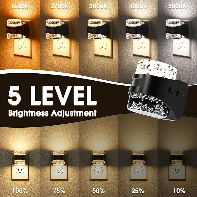 Briignite LED Night Light Plug into Wall Dimmable[2 Pack] Night Light with Bubble Design 5 Color Temperature & Brightness Levels Dusk to Dawn Sensor Nightlights for Bathroom, Hallway, Rooms, 5CCT