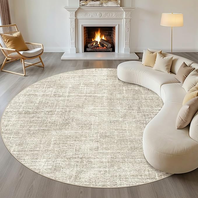 10ft Round Rug Living Room: 10x10 Washable Large Neutral Brown Circle Area Rug Abstract Soft Modern Stain Resistant Indoor Floor Non-Slip Carpet for Bedroom Nursery Kids Office Playroom Dining Room
