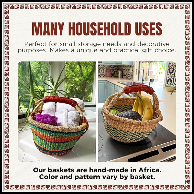Africa Heartwood Project - Deluxe Colorful African Basket with Leather Handles - Handmade from dried Elephant Grass, Hand-Woven by Women in Bolgatanga, Ghana - Small 10" Round (Flat-packed)