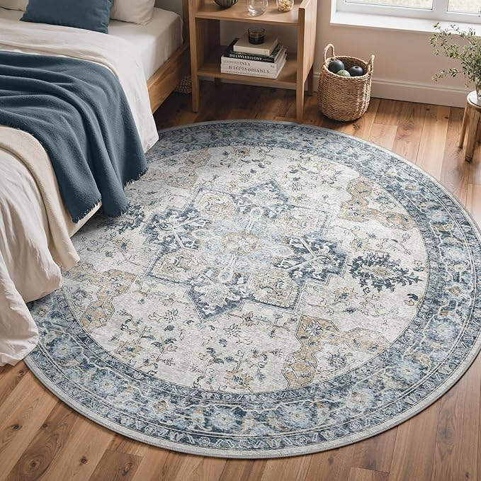 GENIMO 5FT Round Area Rugs for Living Room, Circle Rugs Machine Washable Low Pile, Chenille Non Slip Vintage Rug for Bedroom, Dining Room, Home Office, Blue