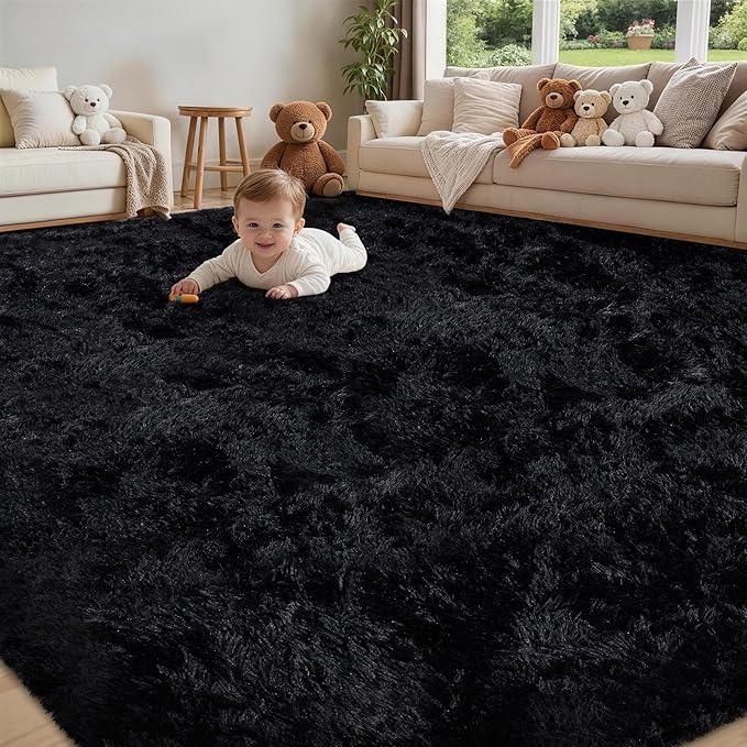 6x9 Area Rug for Living Room:Ultra Soft Fluffy Shag Black Rugs,Large Fuzzy Plush Indoor Non Slip Carpet Washable Rug for Bedroom Kids Nursery Office Dorm Modern Decor(Black 6'x9')