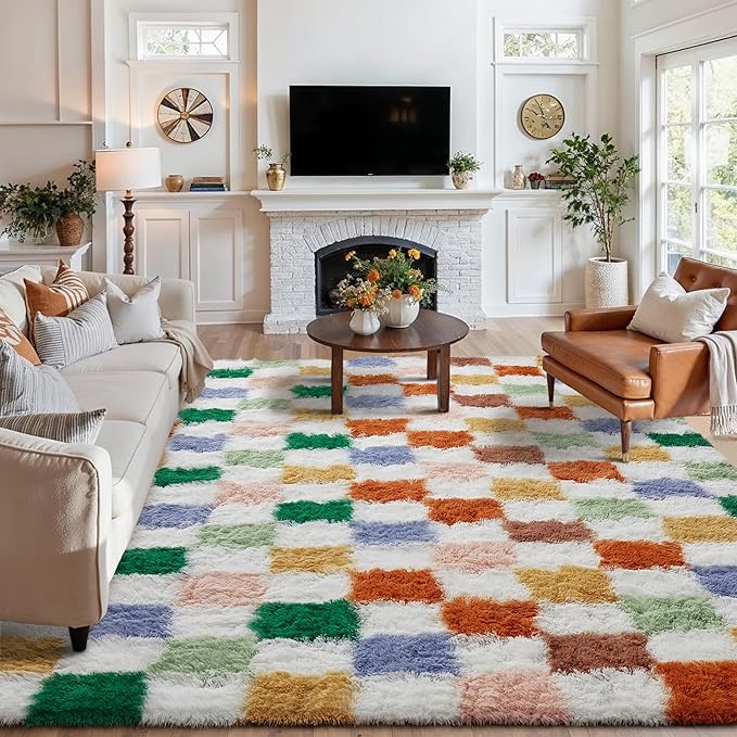 PureCozy Checkered Rug 7x10 for Living Room, Modern Neutral Shag Rug Washable Non-Slip Large Area Rug Super Soft Indoor Fuzzy Carpet Fluffy Rugs for Bedroom Home Aesthetic Decor