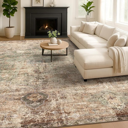 Hazo Haus Vintage Dark 6x9 Living Room Rug - Green and Brown Modern Abstract Rug for Dining Room Under Table, Bedroom, Washable Non Slip Soft Rust Taupe Faded Print Mat