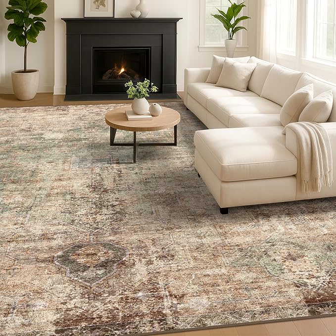 Low Pile Office Rugs for Rolling Chairs - 5x8 Modern Abstract Dark Rugs for Living Room, Large Entryway, Brown and Green with Burnt Orange Accent, Non Slip with Rubber Backed & Stain Resistant