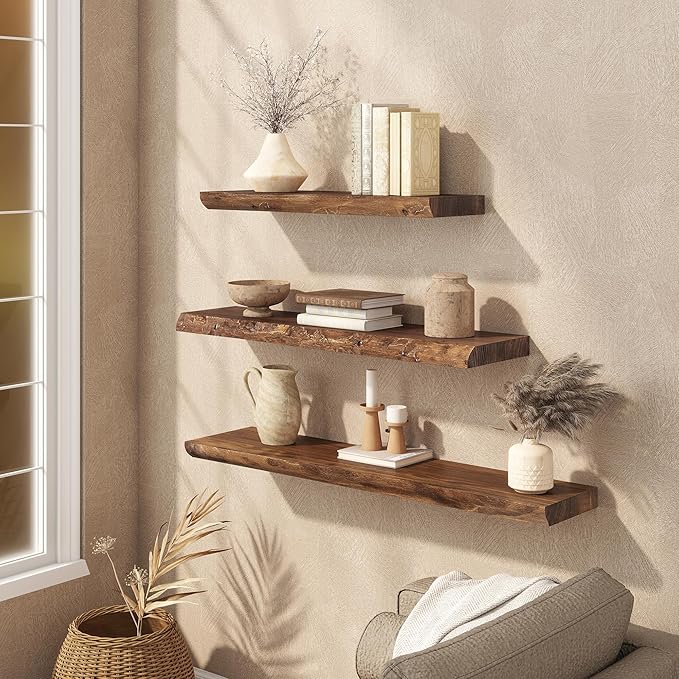 Live Edge Floating Shelf, 40 Inch Solid Elm Wood - Vintage Rustic Wood Wall Shelf with Invisible Brackets for Living Room, Kitchen, Bathroom
