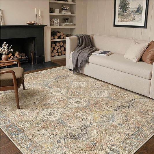 GENIMO 9x12 Area Rugs for Living Room, Machine Washable Non Slip Vintage Rugs, Low Pile Lightweight Print Rug for Bedroom, Dining Room, Home Office, Warm Brown