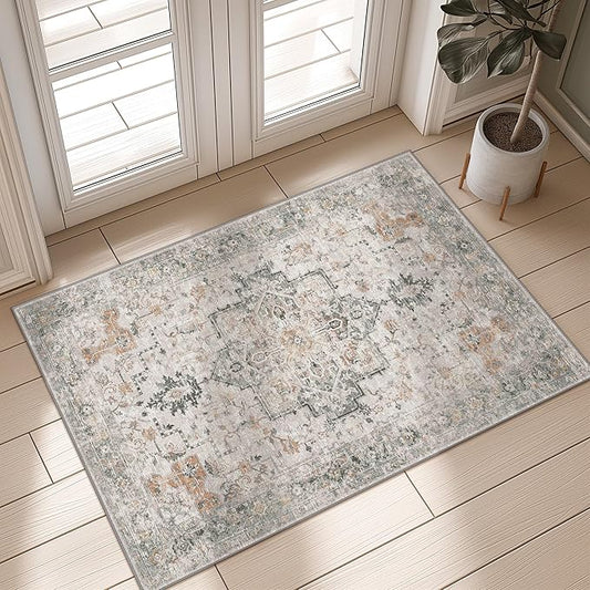GENIMO Area Rug 20x32 inch Doormat, Machine Washable Low Pile Rugs, Small Retro Chenille Entryway Mat for Entrance, Hallway, Kitchen and Corridor, Light Taupe Brown