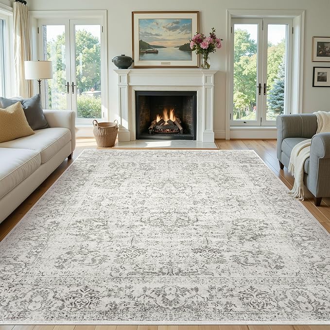 9x12 Extra Large Washable Area Rug, Soft Neutral Vintage Boho Rug for Living Room, Bedroom, Office, Farmhouse, Low Pile Imitation Wool Non Slip Carpet Ideal for High-Traffic Areas, Light Grey