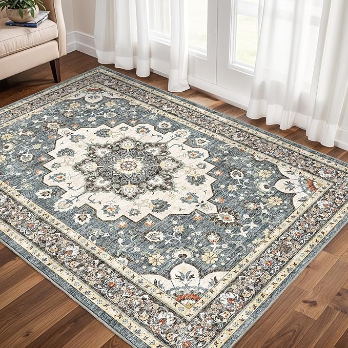 TOPRUUG Washable Oriental Area Rug - 3x5 Rugs for Living Room Soft Carpet for Bedroom Waterproof Floral Distressed Indoor Stain Resistant Non-Shedding Floor Carpets (Blue, 3X5)